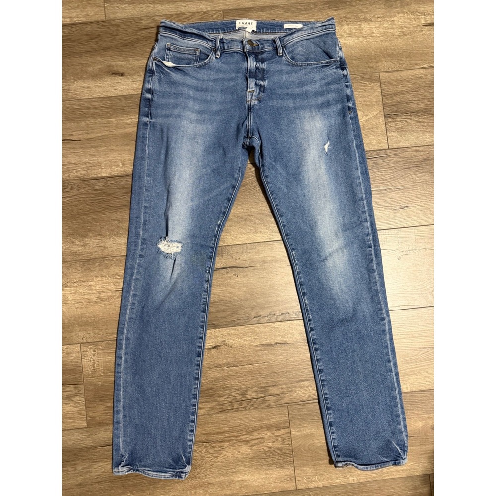 FRAME L'Homme Slim Jeans Mens 34 x 32 Channel Place Blue Distressed LMH829
